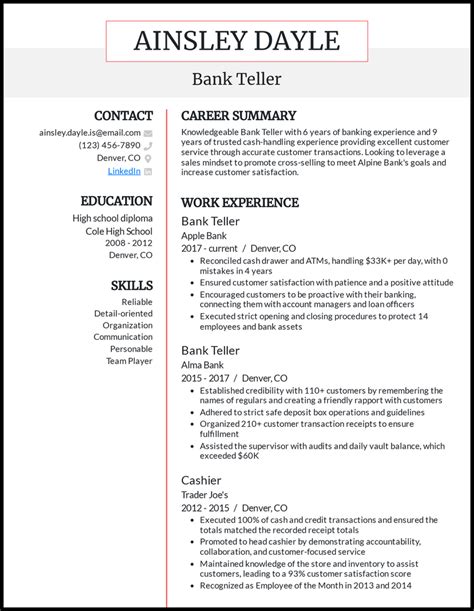 sample resume for bank teller with no experience