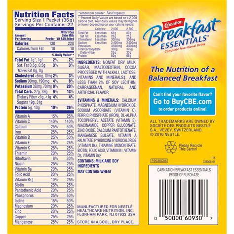 Carnation Breakfast Essentials Packet Nutrition