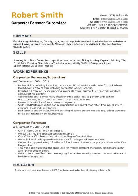 carpenter foreman resume sample