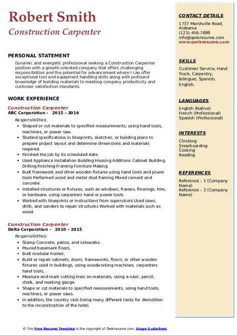 Carpenter Resume Samples and Templates VisualCV