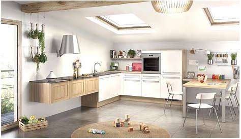 Carrelage Gris Clair Cuisine Blanche Meuble En Bois Avec White Modern Kitchen, Modern Kitchen Room, Kitchen Design