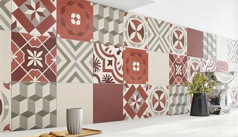Carrelage Mural Cuisine Gris Et Rouge Carreaux De Ciment Décor Formes Géométriques 20x20 Cm
