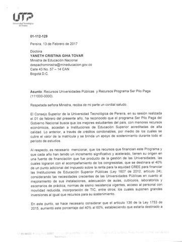 carta dirigida a la ministra de educacion