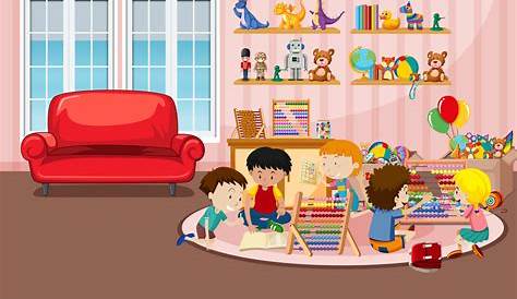 Cartoon Of Kids Playing In Room Scene With Many Royalty Free Vector