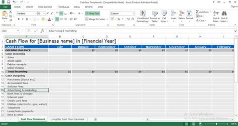 cash flow statement format in excel with formula
