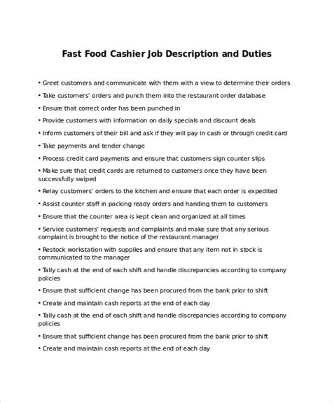 cashier in fast food job description