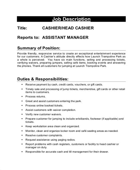 cashier job description duties