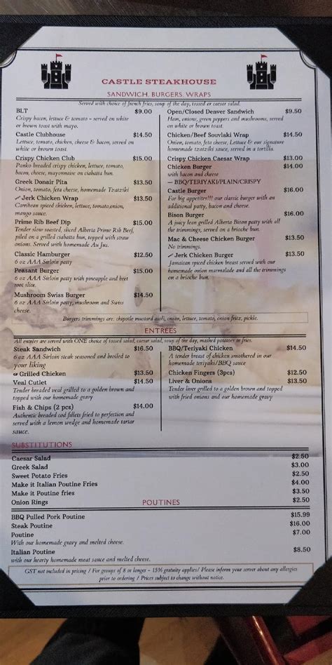 castle steakhouse menu