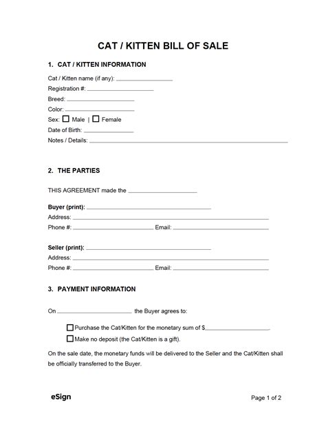 Free Cat/Kitten Bill of Sale Form PDF Word