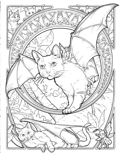 An illustration showcasing fantasy cats in magical settings, perfect for coloring.