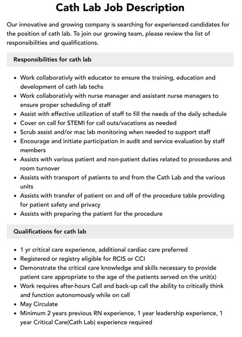 Cath Lab Manager Job Description