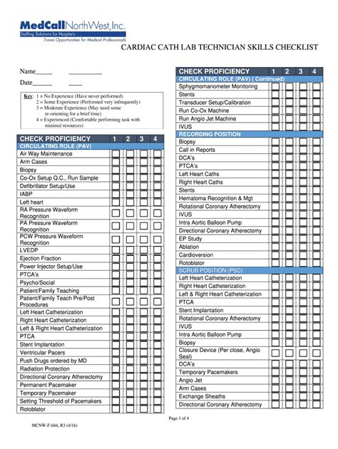 Cath Lab Tech Competency Checklist