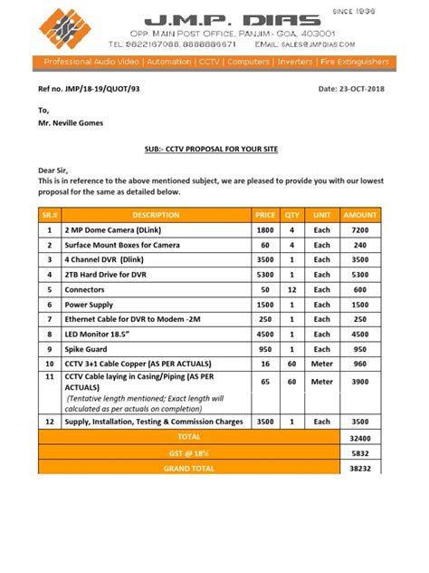 Quotation CCTV Closed Circuit Television Electrical Engineering