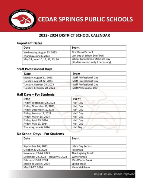 Cedar Springs Public Schools Calendar