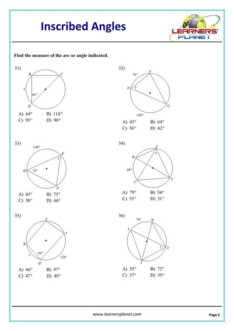 central angle and inscribed angle challenge worksheet answers mathbits
