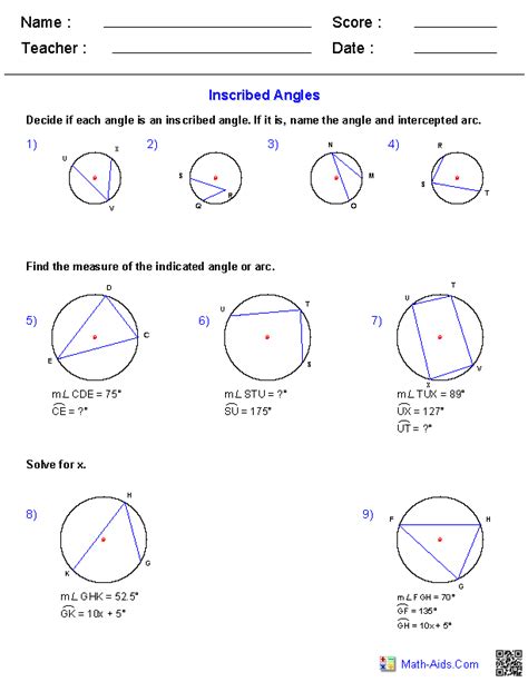central angle and inscribed angle worksheet answers