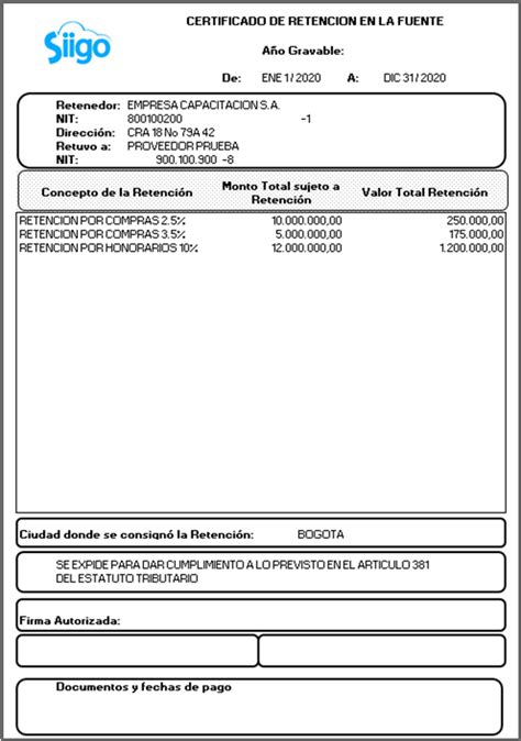 certificado de retencion en la fuente siigo