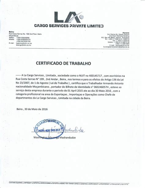 certificado de trabalho mocambique