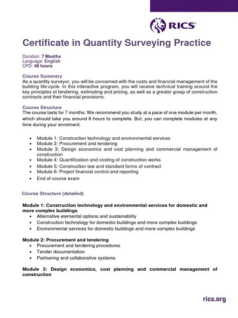 certificate in quantity surveying practice