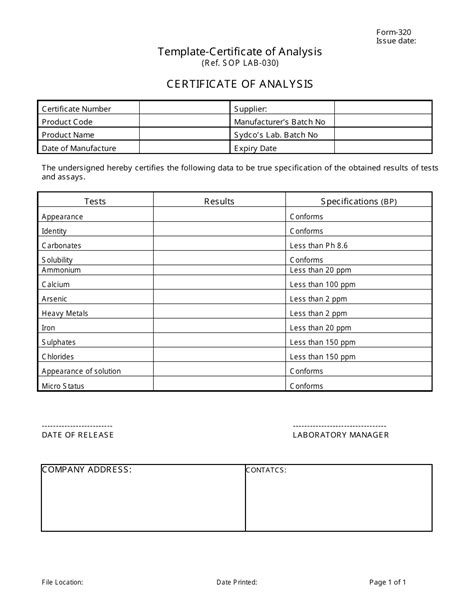 certificate of analysis template excel