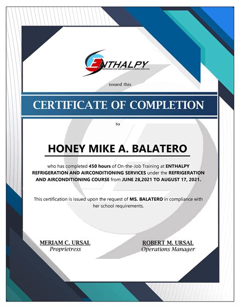 certificate of completion ojt template word