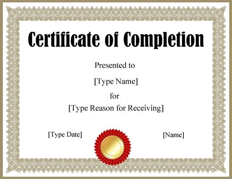 The awesome 040 Free Certificate Of Completion Template Word Editable