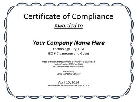 certificate of compliance template excel