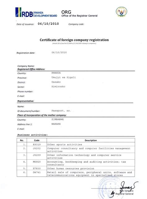 certificate of foreign entity registration