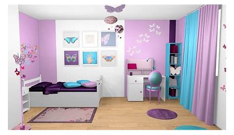 Chambre fille violet mauve turquoise papillons bandes