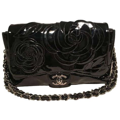 chanel camellia black patent leather bag
