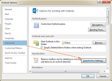 change auto archive settings outlook