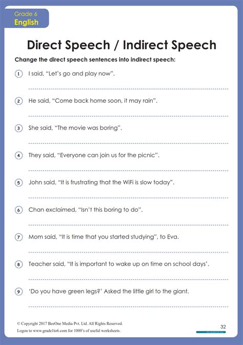 change direct to indirect speech exercises with answers class 7