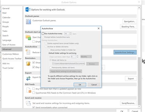 change outlook archive settings