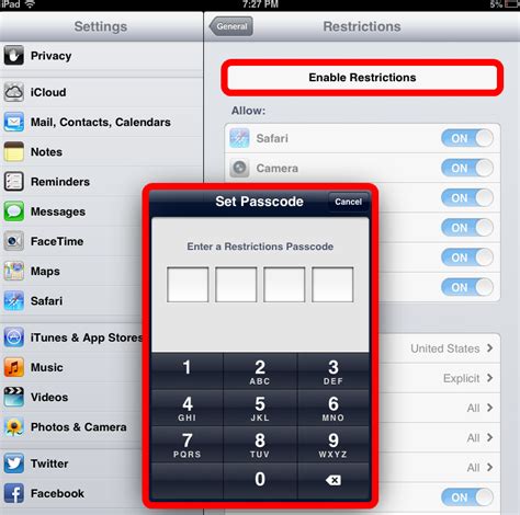 change restrictions passcode on ipad