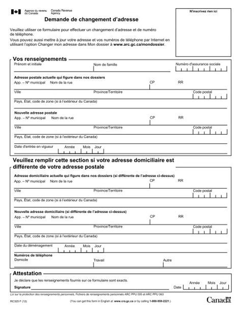 changement d'adresse canada formulaire