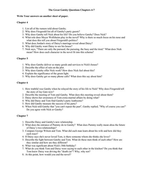 Honors American Literature The Great Gatsby Chapter Two Questions