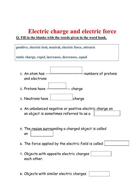 charge and electricity worksheet answers