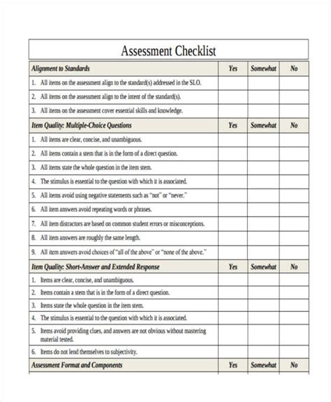 checklist example for assessment
