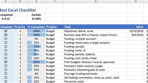 checklist examples in excel