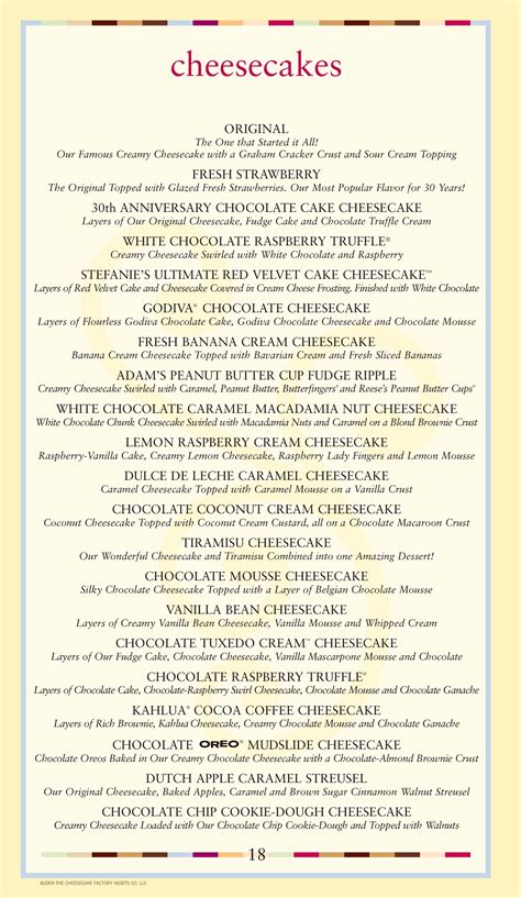 cheesecake factory cheesecake menu