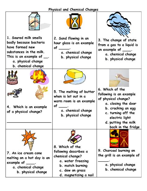 chemical and physical changes worksheet for kids