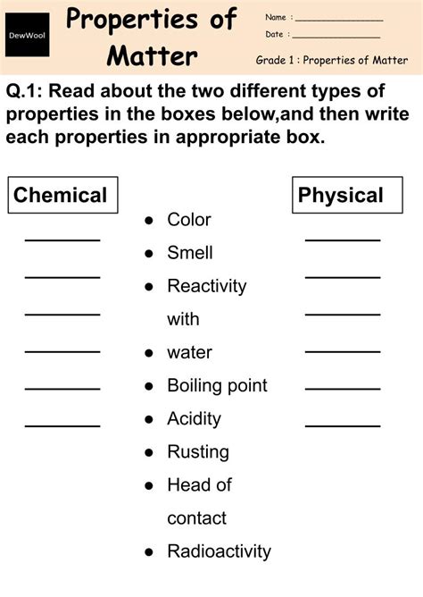 chemical properties of matter worksheet pdf