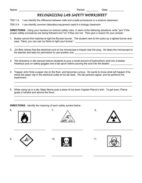 chemistry lab safety worksheet answers