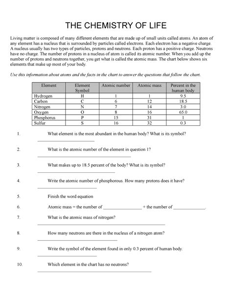 chemistry of life worksheet answers