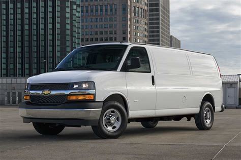 Front view of a Chevrolet Express van, showcasing its robust and classic design for the Ford Transit vs Chevy Express comparison
