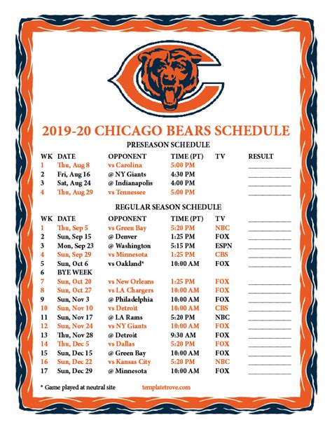 chicago bears football schedule 2019