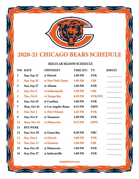 chicago bears schedule 2020 print free