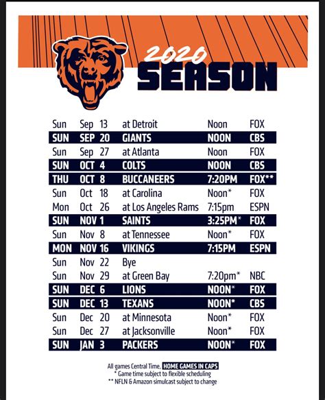 chicago bears schedule 2020 projected wins