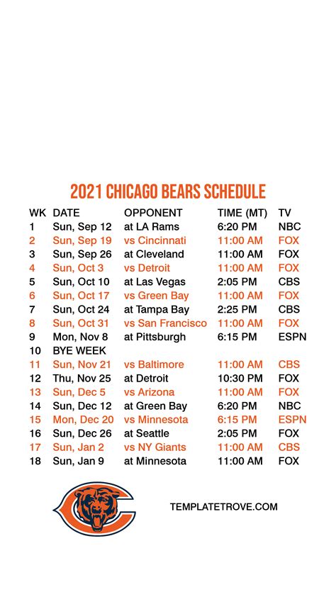 chicago bears schedule 2021 2022 printable
