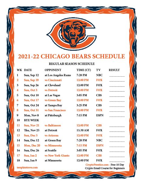 chicago bears schedule 2021 printable free